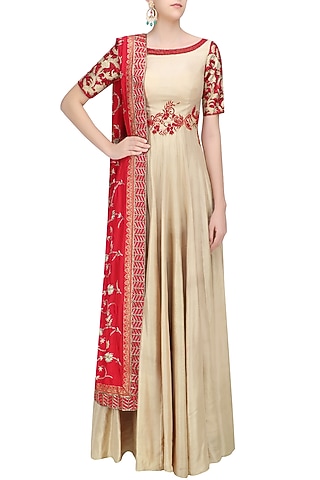 Beige and Red Floral Embroidered Anarkali Set by Architha Narayanam