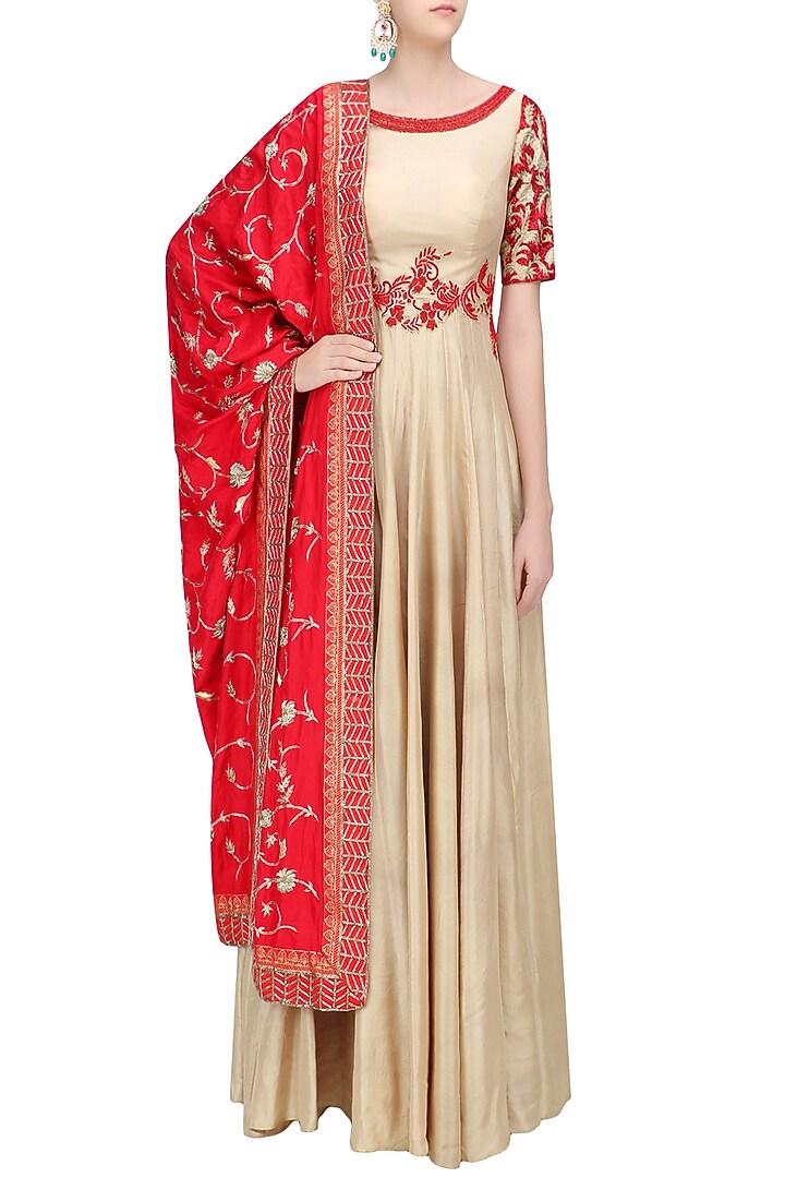 Beige and red floral embroidered anarkali set available only at Pernia's Pop Up Shop.