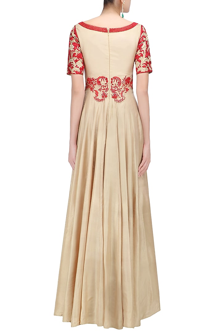 Beige and red floral embroidered anarkali set available only at Pernia's Pop Up Shop.