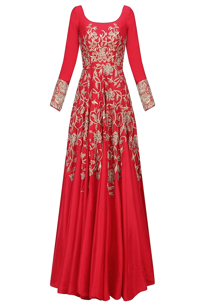 Red Floral Embroidered Kalidaar Anarkali Gown by Architha Narayanam