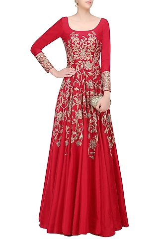 Red Floral Embroidered Kalidaar Anarkali Gown by Architha Narayanam