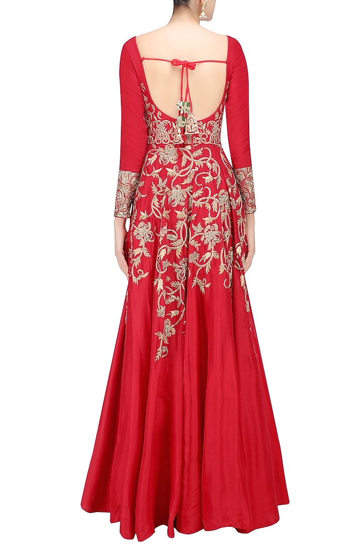 Red floral embroidered kalidaar anarkali gown available only at Pernia's Pop Up Shop.