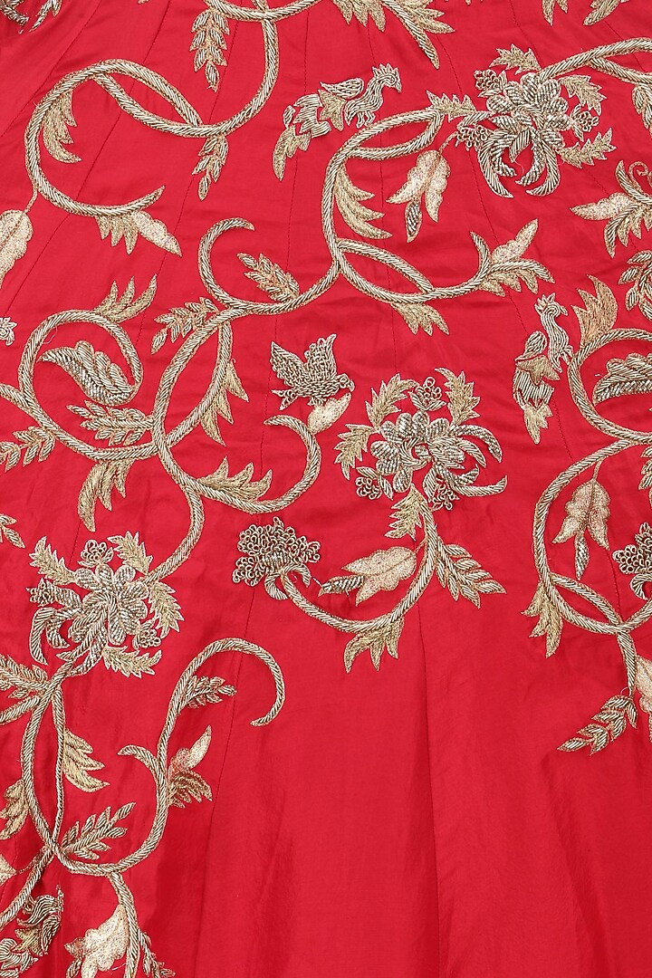 Red floral embroidered kalidaar anarkali gown available only at Pernia's Pop Up Shop.