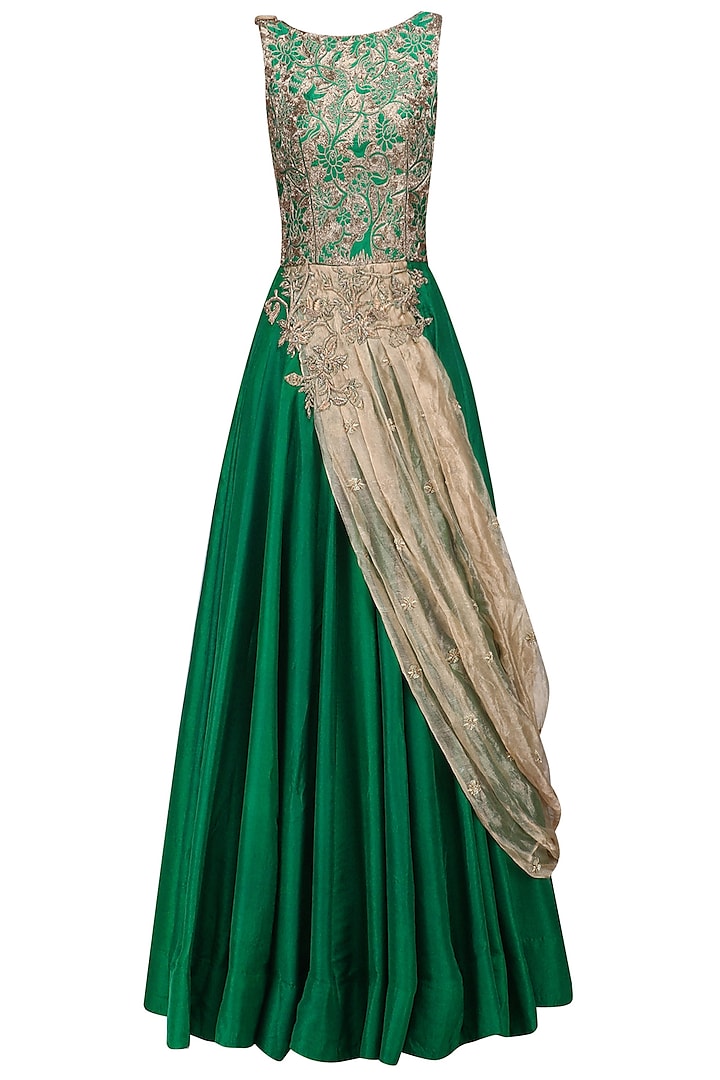 Green and Gold Floral Embroidered Gown with Drape Dupatta by Architha Narayanam