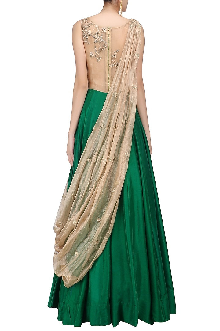 Green Embroidered Silk A-Line Gown With Dupatta