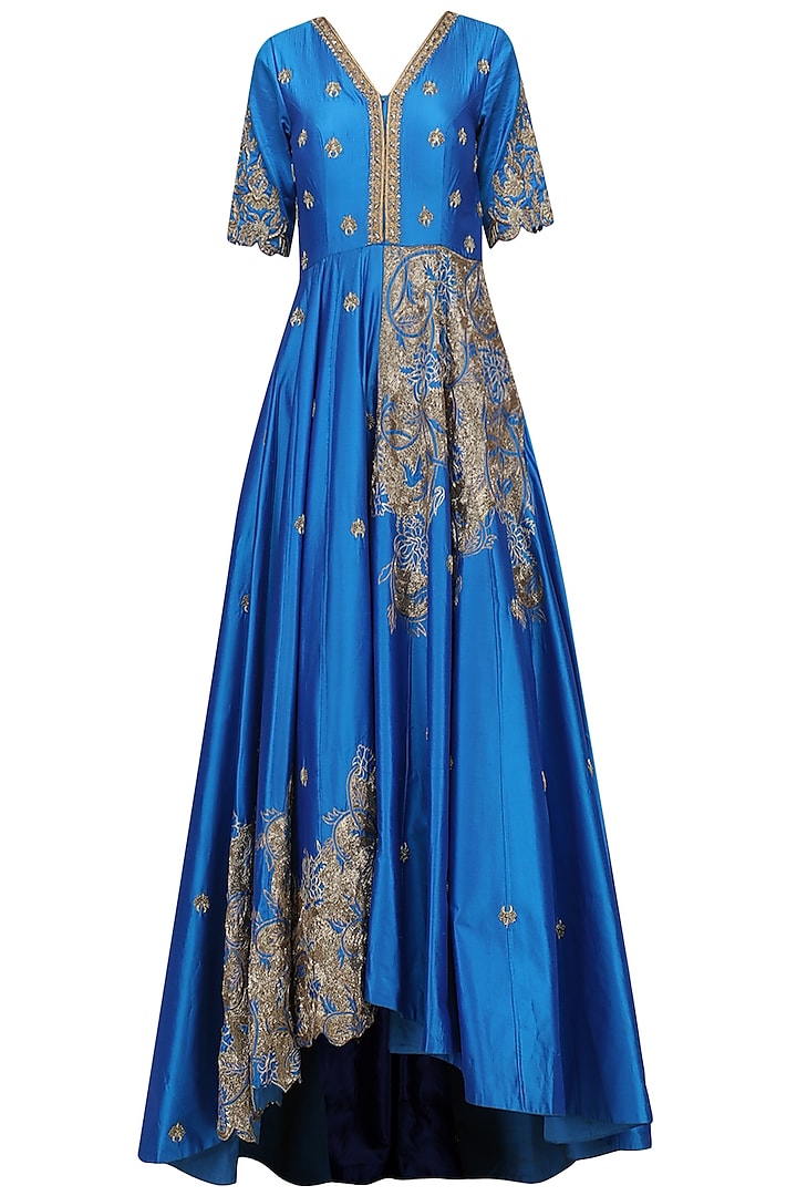 Blue Hand Embroidered Asymmetric Gown by Architha Narayanam