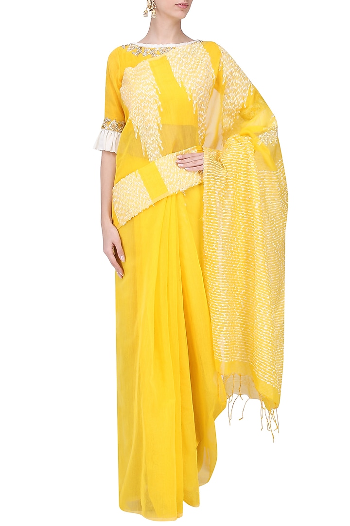 Yellow handloom cotton saree with blouse available only at Pernia's Pop Up Shop.