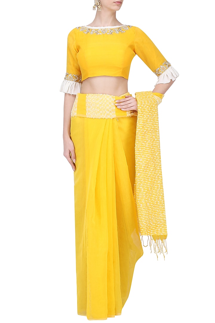 Yellow handloom cotton saree with blouse available only at Pernia's Pop Up Shop.