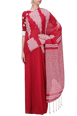 Red Handloom Cotton Saree with Blouse by Architha Narayanam