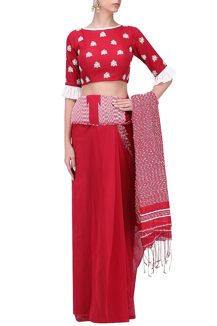 Red handloom cotton saree with blouse available only at Pernia's Pop Up Shop.