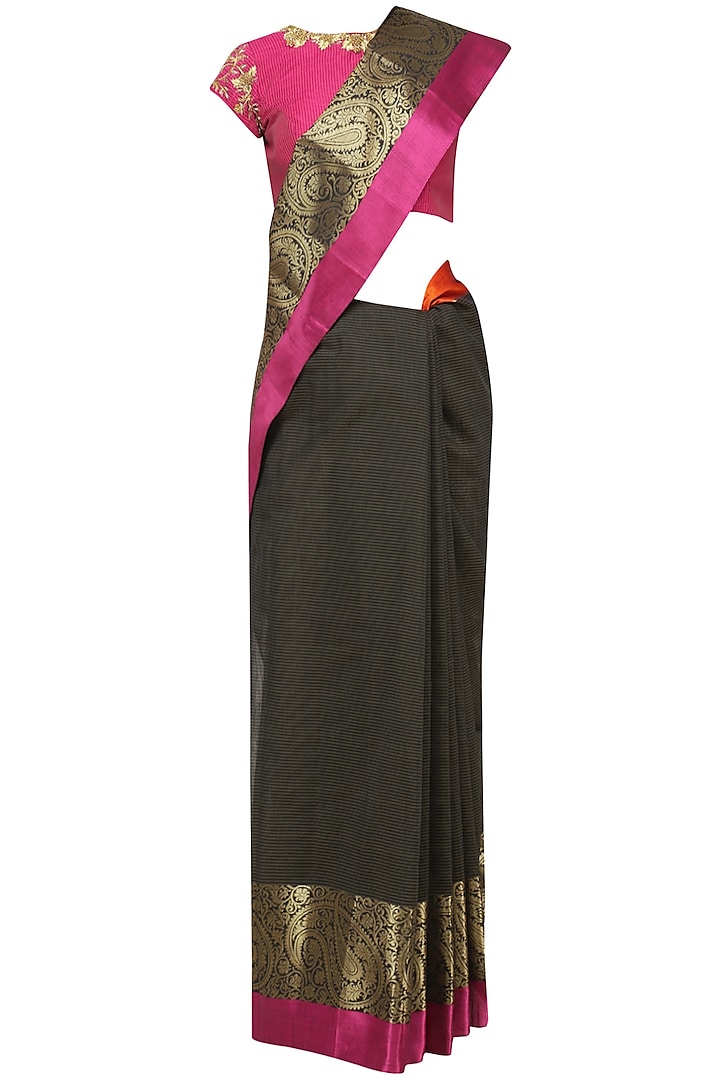 Black Matka Silk Saree with Pink Blouse by Architha Narayanam