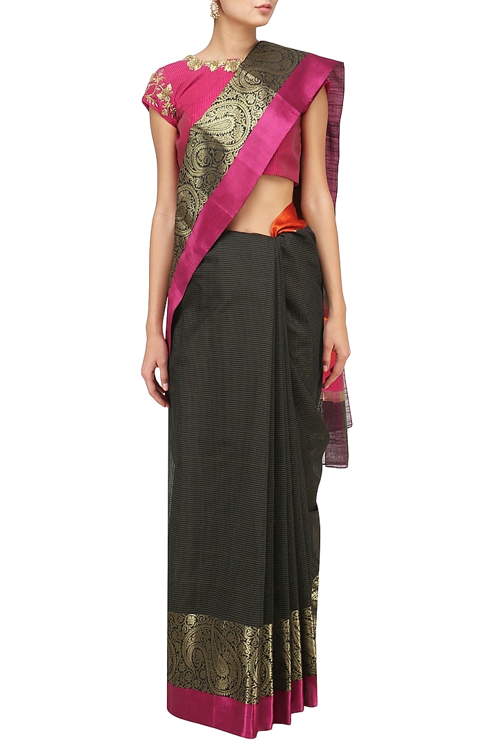Black matka silk saree with pink blouse available only at Pernia's Pop Up Shop.