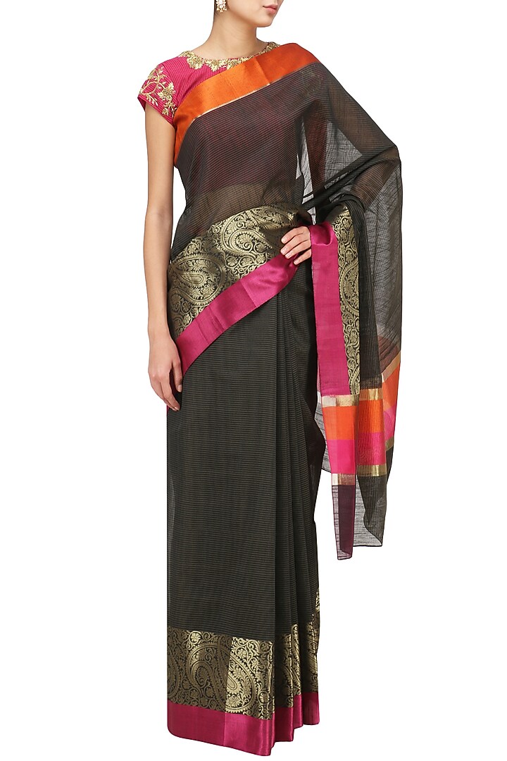 Black matka silk saree with pink blouse available only at Pernia's Pop Up Shop.