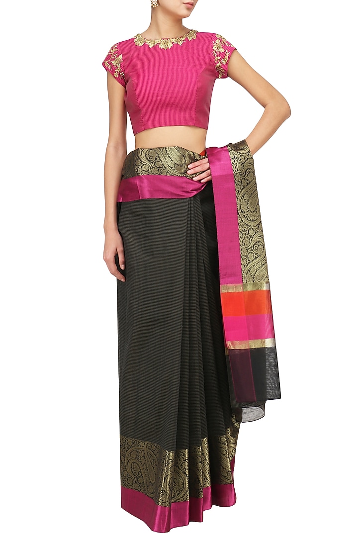 Black matka silk saree with pink blouse available only at Pernia's Pop Up Shop.