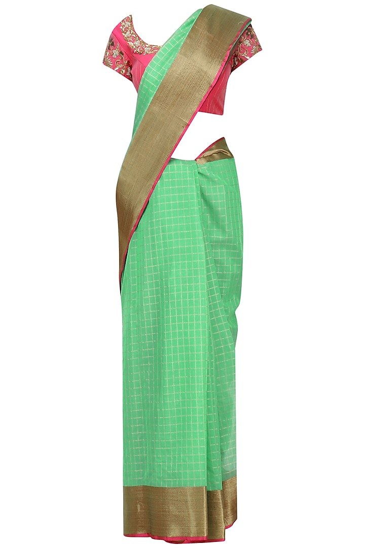 Mint Green Matka Silk Saree with Pink Blouse by Architha Narayanam