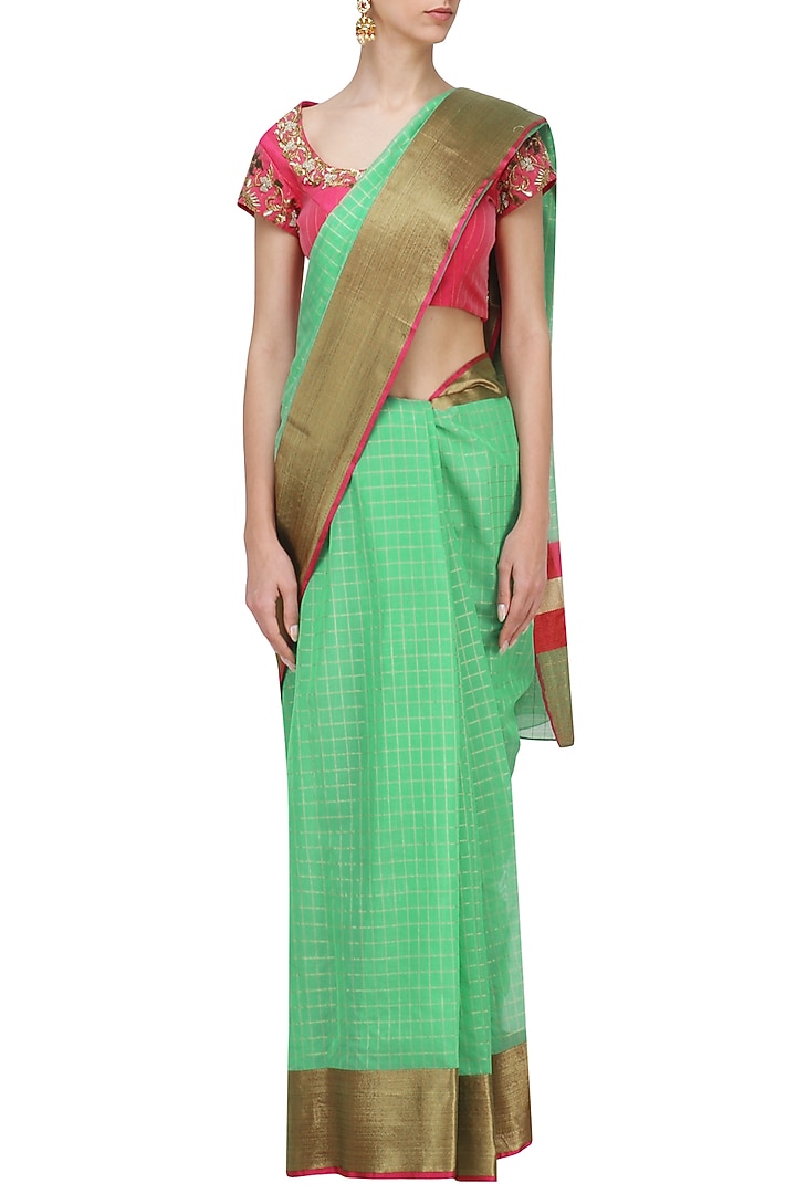 Mint green matka silk saree with pink blouse available only at Pernia's Pop Up Shop.