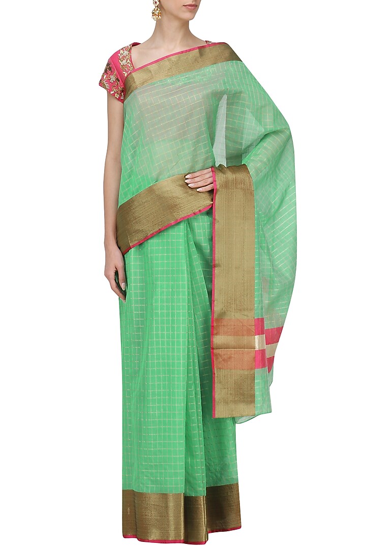Mint green matka silk saree with pink blouse available only at Pernia's Pop Up Shop.