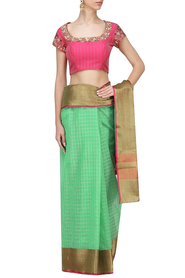 Mint green matka silk saree with pink blouse available only at Pernia's Pop Up Shop.