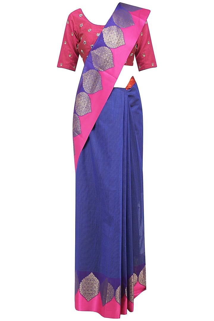 Blue Matka Silk Saree with Pink Blouse by Architha Narayanam
