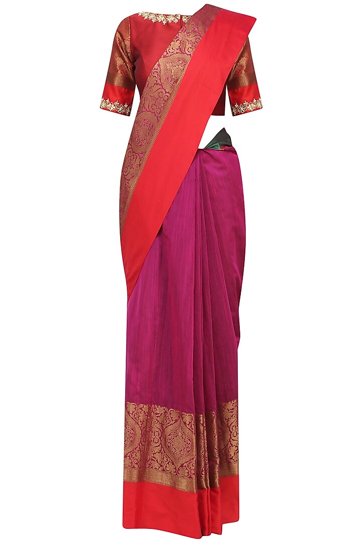 Magenta Matka Silk Saree with Red Blouse by Architha Narayanam