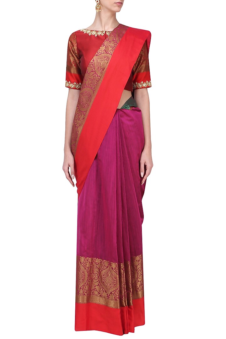 Magenta matka silk saree with red blouse available only at Pernia's Pop Up Shop.