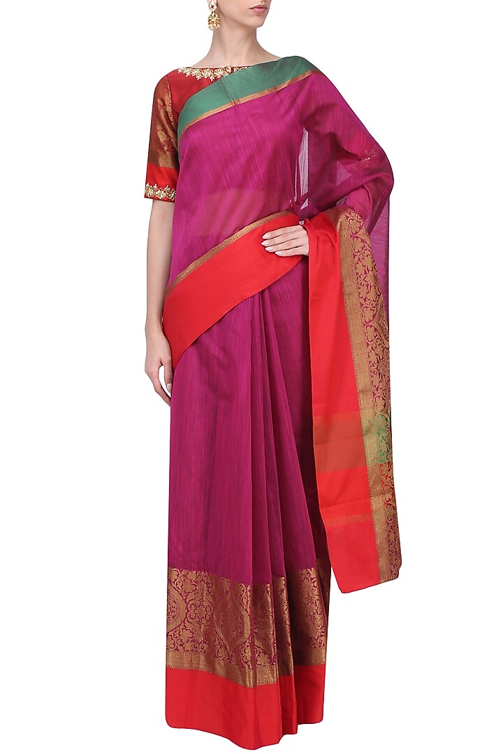 Magenta matka silk saree with red blouse available only at Pernia's Pop Up Shop.