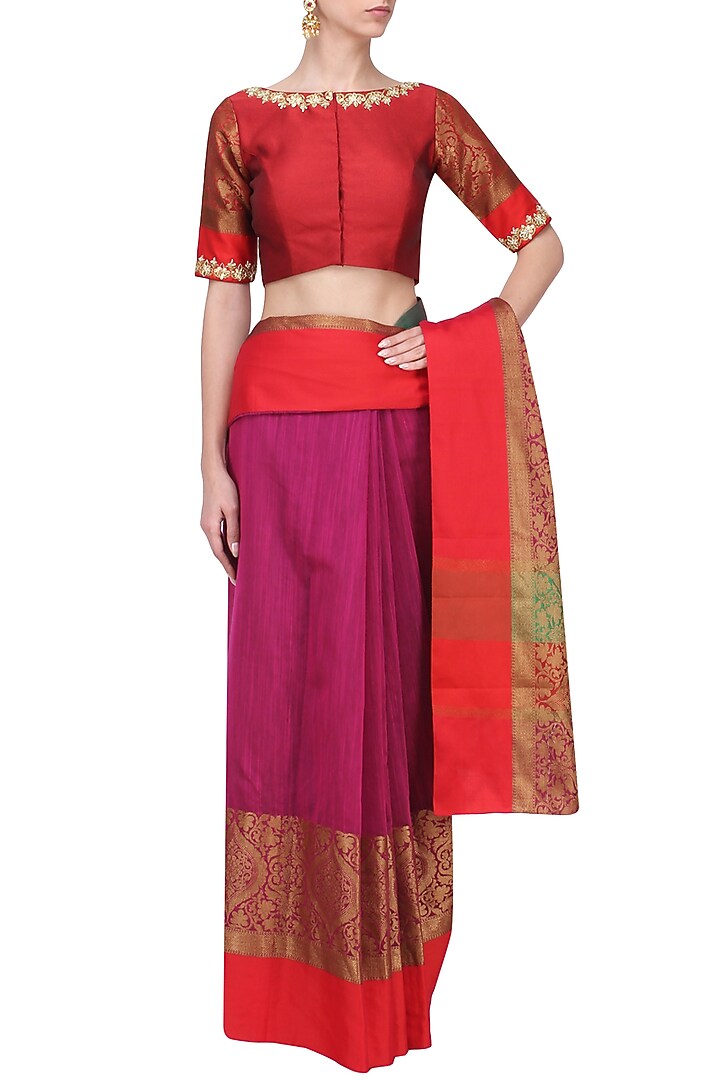 Magenta matka silk saree with red blouse available only at Pernia's Pop Up Shop.