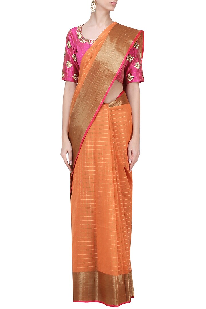 Orange matka silk saree with pink blouse available only at Pernia's Pop Up Shop.