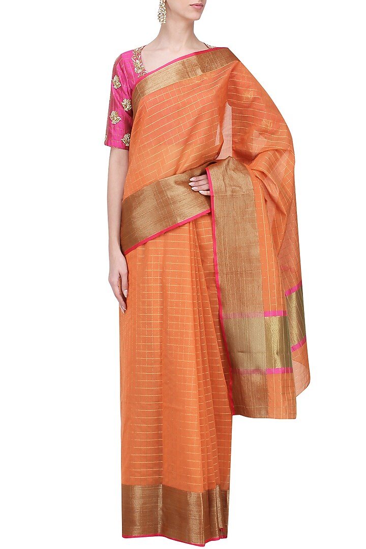 Orange matka silk saree with pink blouse available only at Pernia's Pop Up Shop.