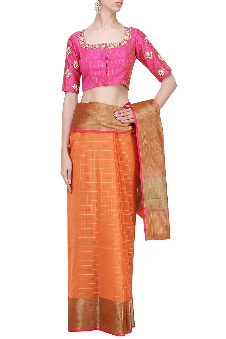 Orange matka silk saree with pink blouse available only at Pernia's Pop Up Shop.