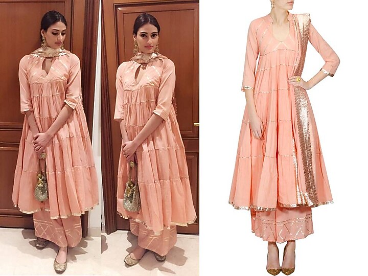 Peach gota patti work flared anarkali and pyjama set available only at Pernia's Pop Up Shop.
