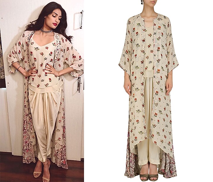 Off white cami top with floral print cape and pintuck pants available only at Pernia's Pop Up Shop