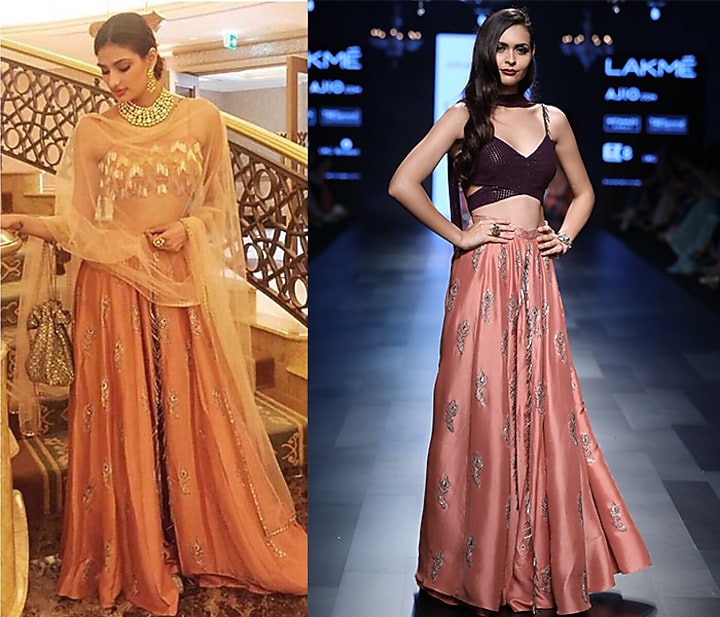 Purple bustier and coral peacock feather motif lehenga palazzos set available only at Pernia's Pop Up Shop.