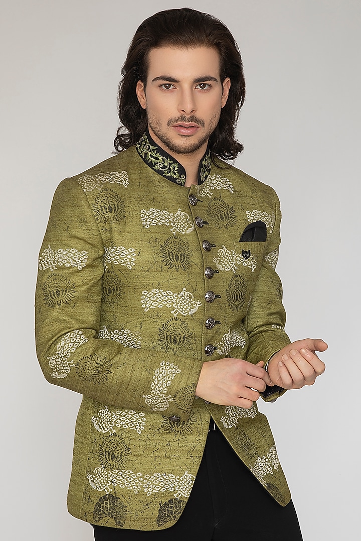 Olive Green Printed Wedding Bandhgala Set by Attire by kunal & Sid j at Pernia's Pop Up Shop