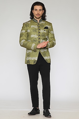 Olive Green Printed Bandhgala Set by Attire by kunal & Sid j