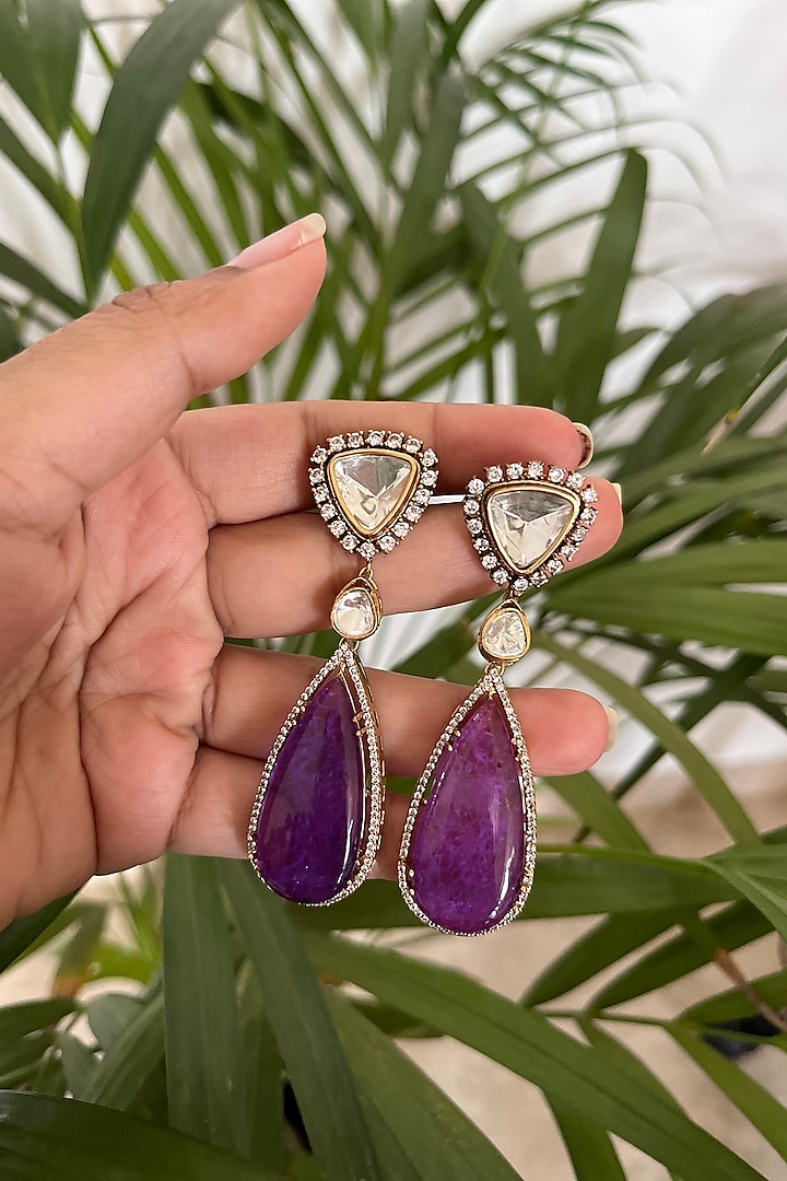 Gold Finish Amethyst & Kundan Polki Dangler Earrings by Autumn Poppy at Pernia's Pop Up Shop