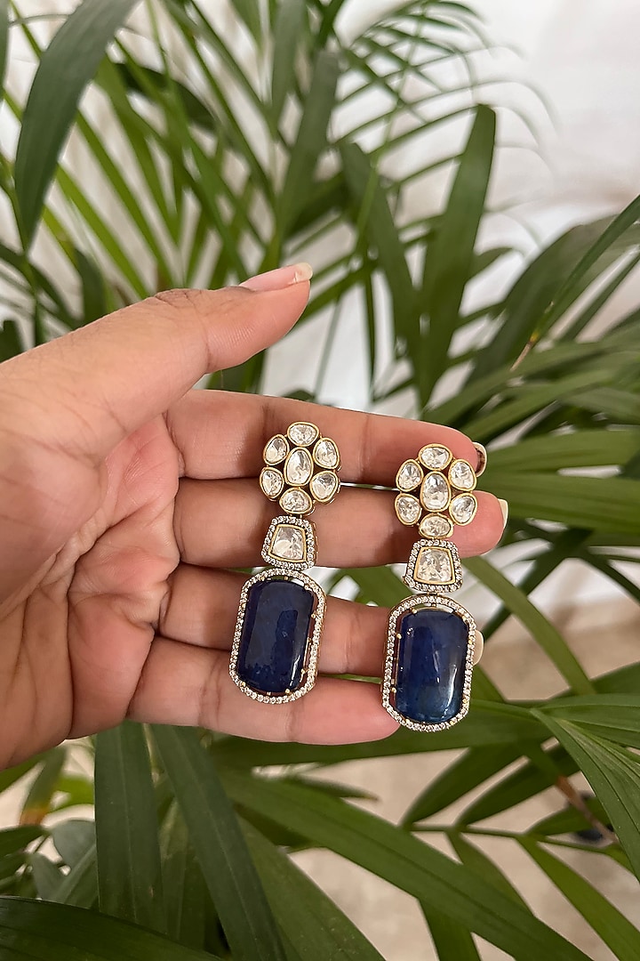 Gold Finish Sapphire Synthetic Stone & Kundan Polki Dangler Earrings by Autumn Poppy at Pernia's Pop Up Shop