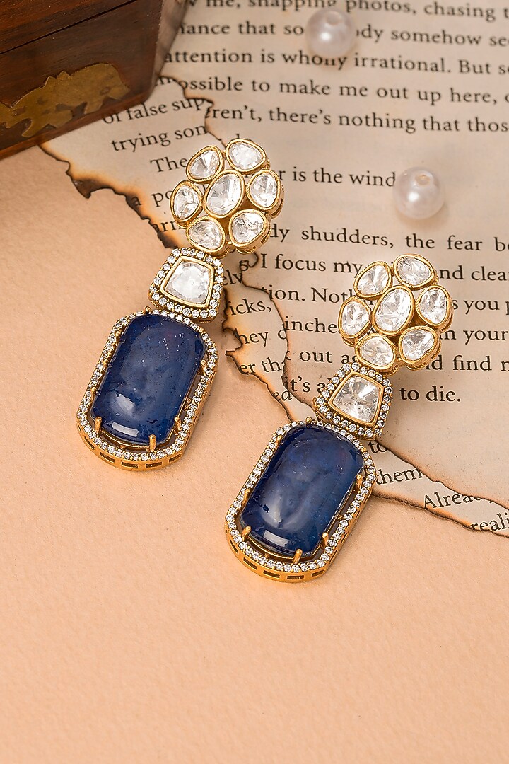 Gold Finish Sapphire Synthetic Stone & Kundan Polki Dangler Earrings by Autumn Poppy at Pernia's Pop Up Shop