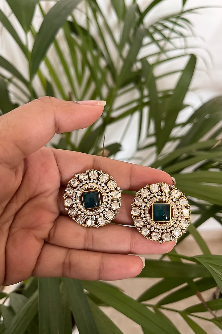 Gold Finish Kundan Polki & Emerald Synthetic Stone Stud Earrings by Autumn Poppy at Pernia's Pop Up Shop