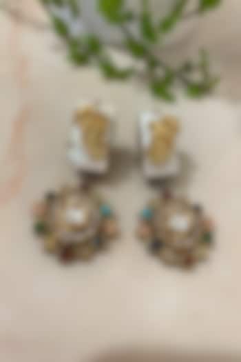 Two Tone Finish Multi-Colored Gemstone & Mother Of Pearl Dangler Earrings by Autumn Poppy