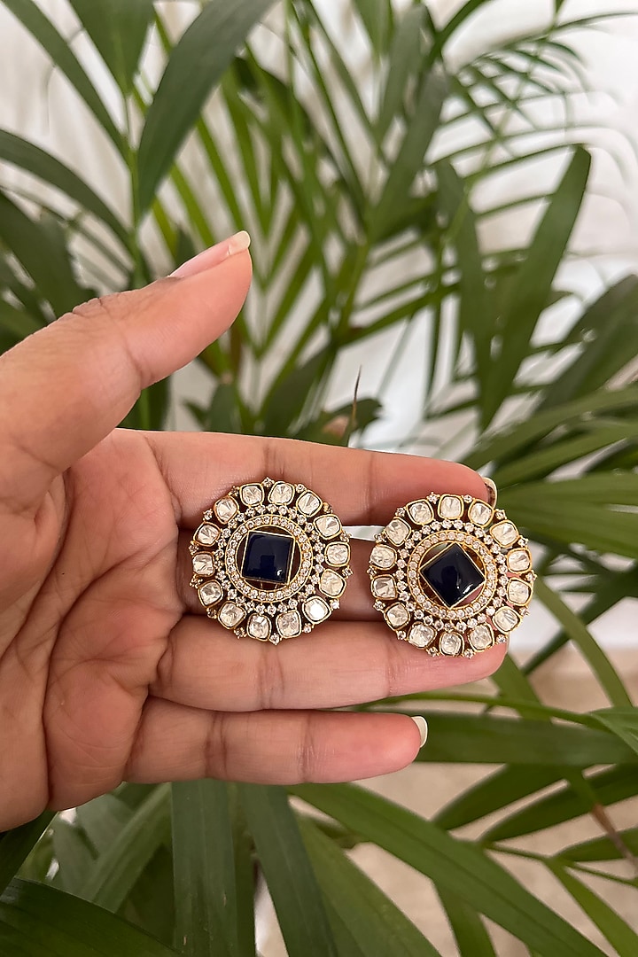 Gold Finish Kundan Polki & Sapphire Synthetic Stone Stud Earrings by Autumn Poppy at Pernia's Pop Up Shop