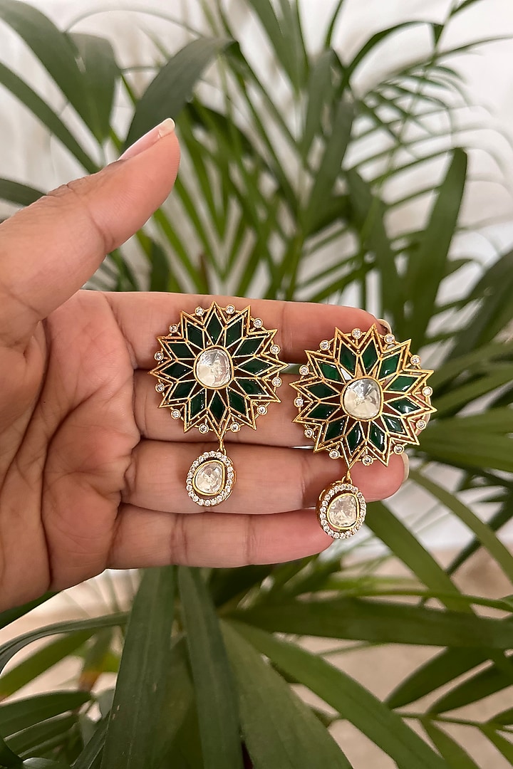 Gold Finish Semi-Precious Stone & Kundan Polki Floral Stud Earrings by Autumn Poppy at Pernia's Pop Up Shop