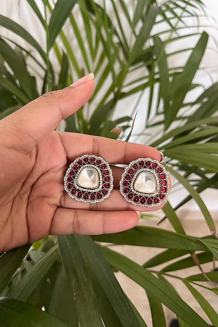 Gold Finish Kundan Polki & Ruby. Synthetic Stone Stud Earrings by Autumn Poppy at Pernia's Pop Up Shop