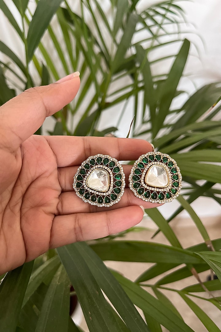 Gold Finish Kundan Polki & Emerald Synthetic Stone Stud Earrings by Autumn Poppy at Pernia's Pop Up Shop
