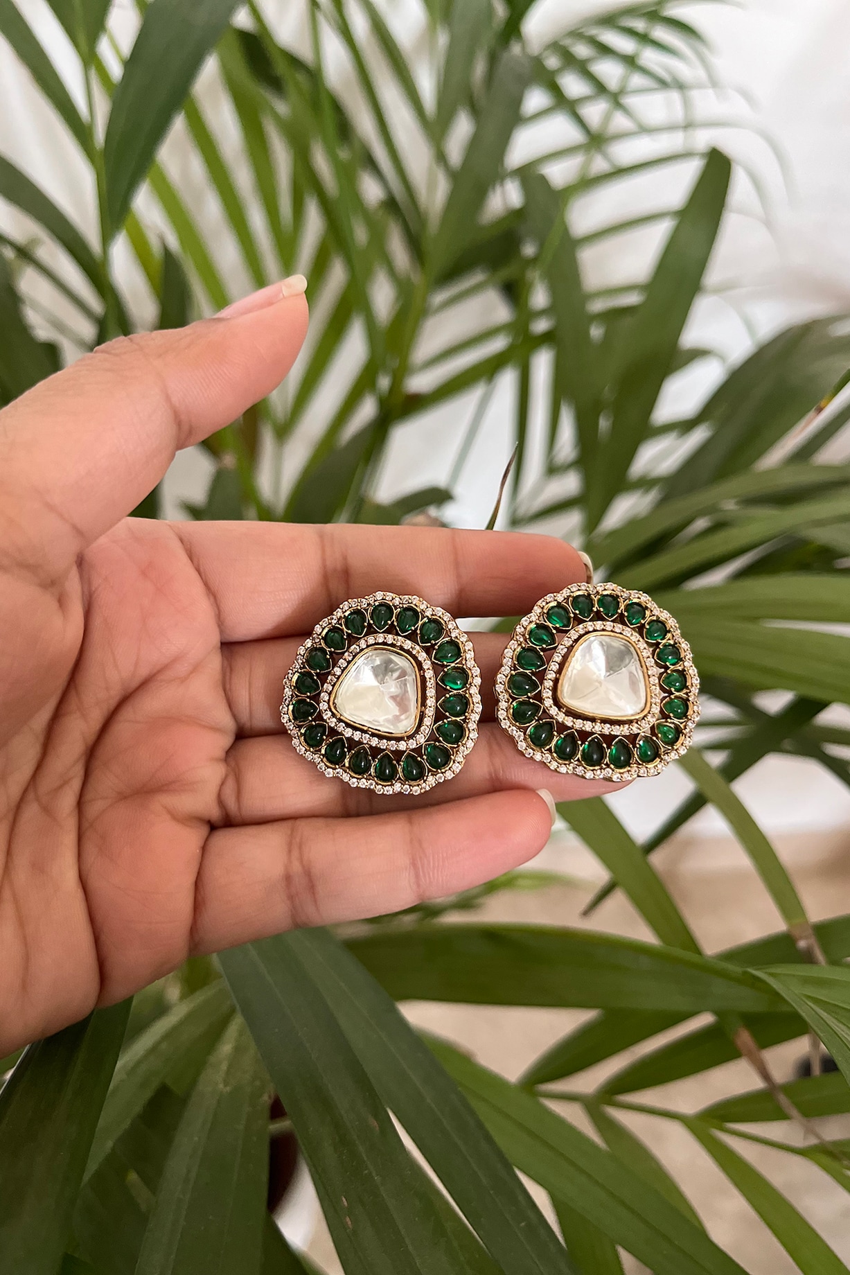 Gold Finish Kundan Polki Emerald Synthetic Stone Stud Earrings by Autumn  Poppy at Pernia's Pop Up Shop