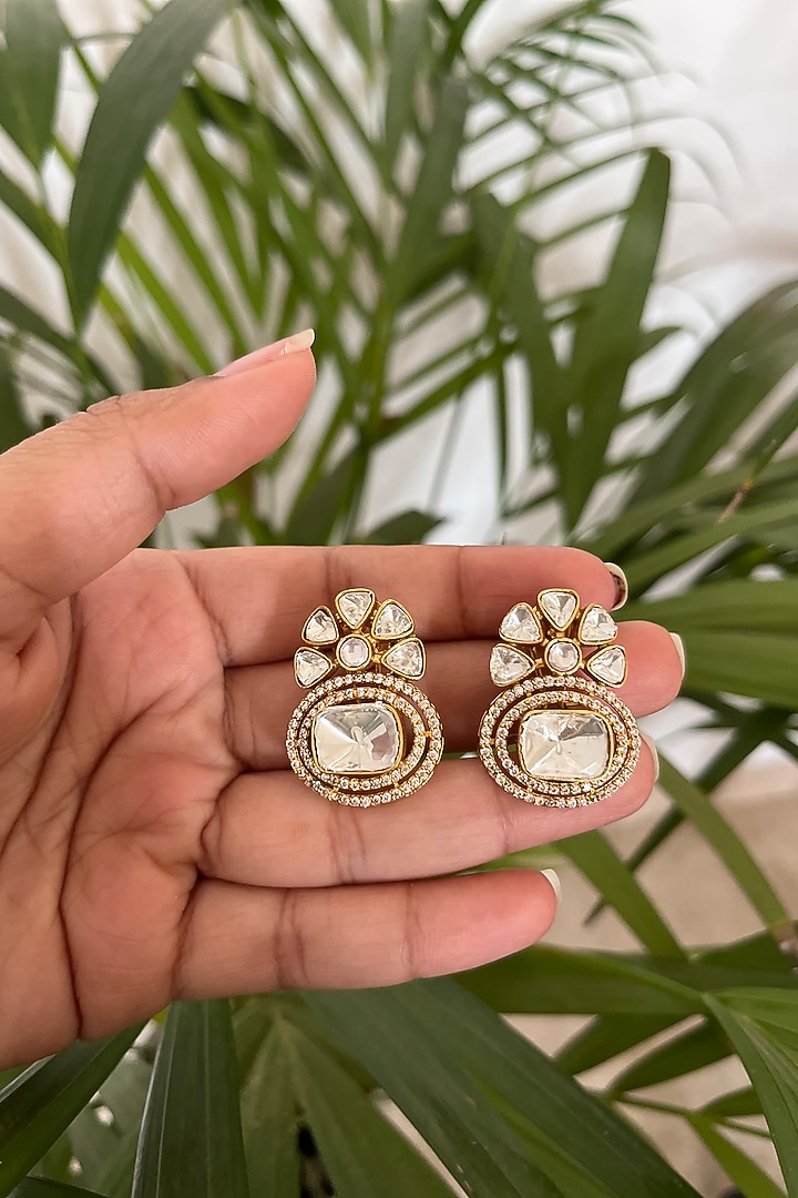 Gold Finish Kundan Polki Dangler Earrings by Autumn Poppy at Pernia's Pop Up Shop