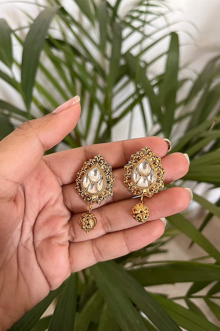 Gold Finish Ruby Synthetic Stone & Kundan Polki Dangler Earrings by Autumn Poppy at Pernia's Pop Up Shop