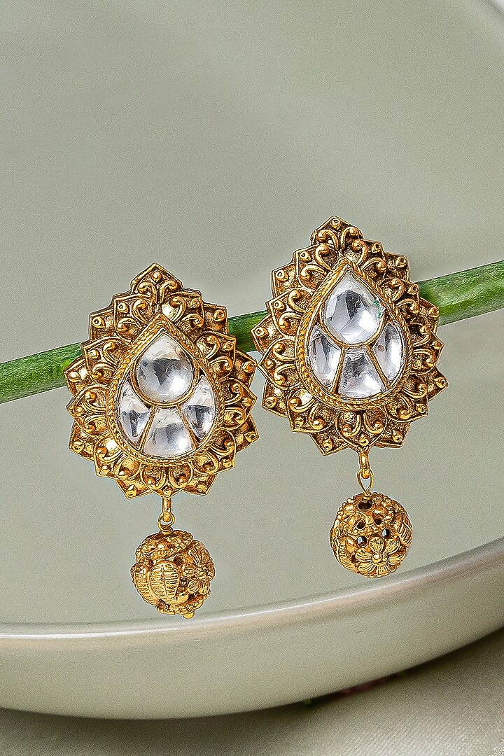 Gold Finish Ruby Synthetic Stone & Kundan Polki Dangler Earrings by Autumn Poppy at Pernia's Pop Up Shop