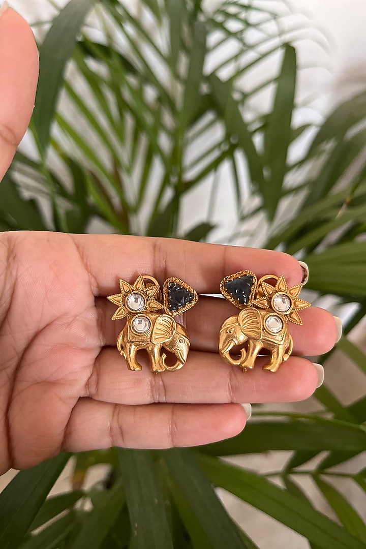 Gold Finish Kundan Polki & Emerald Synthetic Stone Stud Earrings by Autumn Poppy at Pernia's Pop Up Shop