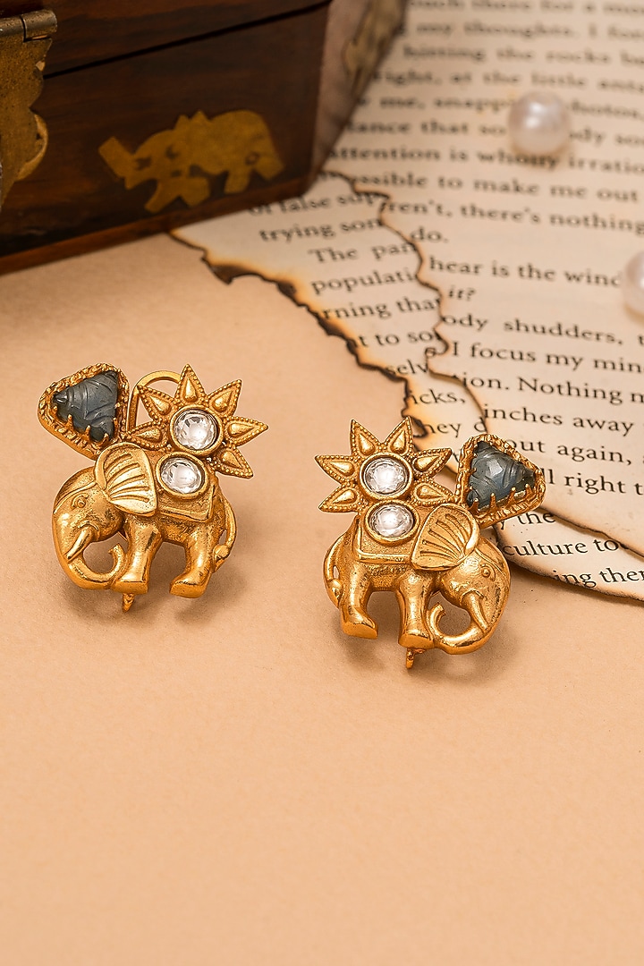 Gold Finish Kundan Polki & Emerald Synthetic Stone Stud Earrings by Autumn Poppy at Pernia's Pop Up Shop